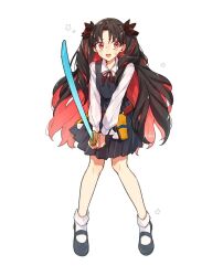 Rule 34 | 1girl, aged down, belt, black hair, black vest, blush, breasts, collared shirt, colored inner hair, crying, crying with eyes open, fate/grand order, fate (series), full body, holding, holding toy, holster, ishtar (fate), kabutomushi s, long hair, long sleeves, looking at viewer, multicolored hair, official alternate costume, open mouth, parted bangs, pleated skirt, red eyes, red hair, ribbon, shirt, skirt, small breasts, solo, space ishtar (fate), tears, toy, toy gun, toy sword, two-tone hair, two side up, very long hair, vest, white background, white shirt