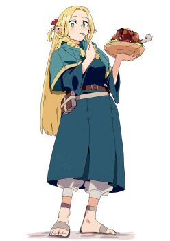 Rule 34 | 1girl, belt, blonde hair, blue capelet, blue robe, bluearcadegames, braid, breasts, brown belt, capelet, dungeon meshi, eating, elf, food, from below, full body, green eyes, grey sandals, hair ribbon, highres, holding, holding food, light blush, long hair, looking at viewer, marcille donato, medium breasts, open-toe shoes, pants, parted bangs, pointy ears, red ribbon, ribbon, robe, sandals, side braid, solo, standing, twin braids, utensil in mouth, white background, white pants
