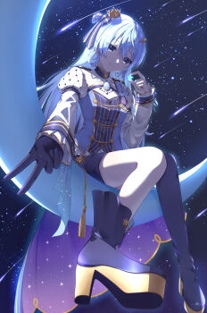 1girl absurdres asymmetrical_footwear belt blue_eyes blue_gem blue_gloves blue_hair blue_shorts boots brooch collared_shrug colored_shoe_soles commentary_request crescent crown frilled_sleeves frills full_body gem gloves hair_between_eyes hair_ornament hair_ribbon half_gloves high_heel_boots high_heels highres holding holding_star hololive hoshimachi_suisei hoshimachi_suisei_(stellar_into_the_galaxy) jewelry juliet_sleeves long_hair long_sleeves looking_at_viewer mini_crown mira_bluesky3 night official_alternate_costume official_alternate_hair_length official_alternate_hairstyle on_crescent pinstripe_pattern pinstripe_shirt puffy_sleeves quilted_clothes ribbon shirt shooting_star shorts shrug_(clothing) single_half_glove single_thigh_boot sitting sky smile solo star_(sky) star_(symbol) star_hair_ornament star_in_eye starry_sky starry_sky_print striped_clothes striped_ribbon striped_shirt symbol_in_eye tassel thigh_boots tilted_headwear uneven_footwear v vertical-striped_clothes vertical-striped_shirt virtual_youtuber white_shrug