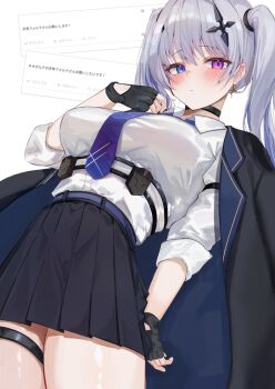 Rule 34 | 1girl, anchor earrings, black choker, black gloves, black jacket, blazer, blue eyes, blue necktie, blush, breasts, chest harness, choker, collared shirt, cowboy shot, cross, cross-shaped pupils, cross hair ornament, earrings, fingerless gloves, folia leaf, gloves, grey hair, hair ornament, harness, heterochromia, highres, inverted cross, jacket, jewelry, large breasts, long sleeves, looking at viewer, necktie, neo-porte, pink eyes, pleated skirt, shirt, skirt, sleeves rolled up, solo, symbol-shaped pupils, tented shirt, tentei forte, tentei forte (2nd costume), triangle earrings, twintails, virtual youtuber, white shirt