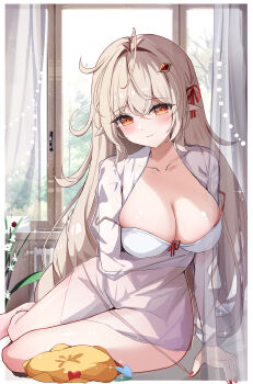 1girl absurdres alice_(genshin_impact) alternate_costume blonde_hair blush bra breasts commentary_request cowlick genshin_impact highres indoors large_breasts looking_at_viewer pointy_ears red_eyes red_nails see-through_clothes see-through_shirt shirt sitting solo underwear white_bra yeni1871 yokozuwari