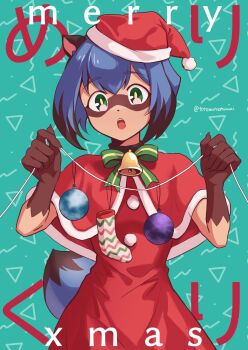 1girl :o animal_ears animal_nose artist_name bell blue_hair bob_cut brand_new_animal breasts capelet christmas christmas_ornaments christmas_stocking claws collar commentary cowboy_shot dark-skinned_female dark_skin dress english_text female_focus furry furry_female geometric_pattern green_background green_eyes green_ribbon hair_between_eyes hat head_tilt highres holding holding_string kagemori_michiru looking_at_viewer neck_bell open_mouth pom_pom_(clothes) raccoon_ears raccoon_girl raccoon_tail raised_eyebrows red_hat ribbon santa_costume santa_dress santa_hat short_hair small_breasts solo string striped_ribbon symbol-only_commentary tail teeth totemonemuuui translated turtleneck twitter_username upper_teeth_only