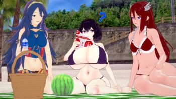 3d beach breast_envy breasts cordelia_(fire_emblem) fire_emblem fire_emblem_awakening highres huge_breasts large_breasts looking_at_viewer lucina lucina_(fire_emblem) female_morgan_(fire_emblem) nintendo pov small_breasts tagme