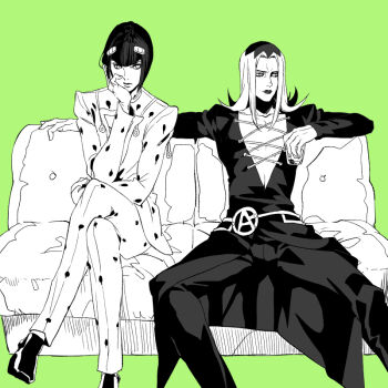 Rule 34 | 2boys, black hair, bob cut, bruno bucciarati, commentary request, crossed legs, green background, greyscale with colored background, jojo no kimyou na bouken, leone abbacchio, moru moru moru, multiple boys, short hair, simple background, sitting, vento aureo, zipper, zipper pull tab