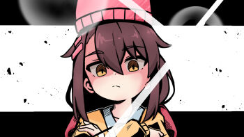 1girl angry artist_self-insert beanie brown_eyes brown_hair closed_mouth crossed_arms diffraction_spikes empty_eyes frown furious hair_between_eyes hair_ornament hairclip hat highres jacket kiiro_(koonowen) koonowen letterboxed long_hair long_sleeves looking_at_viewer original shaded_face solo upper_body yellow_eyes yellow_jacket
