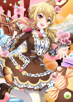 1girl blonde_hair bow bow_choker box breasts brooch brown_choker brown_dress brown_shoes brown_wrist_cuffs candy chocolate chocolate_bar choker dot_nose dress food frilled_dress frills hand_up heart heart-shaped_box heart_brooch high_heels holding holding_box jewelry large_breasts lips long_hair looking_at_viewer official_art open_mouth outstretched_hand pantyhose project_tokyo_dolls reaching reaching_towards_viewer red_eyes reina_(project_tokyo_dolls) second-party_source shoes smile solo sparkle standing standing_on_one_leg teeth upper_teeth_only valentine white_pantyhose wrist_cuffs yellow_bow