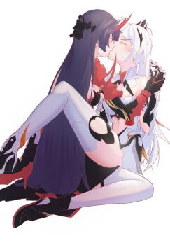 2girls commentary_request highres honkai_(series) honkai_impact_3rd kiana_kaslana kiana_kaslana_(herrscher_of_flamescion) kiss kwanyuen3011 long_hair multiple_girls purple_hair raiden_mei raiden_mei_(herrscher_of_thunder) simple_background white_hair yuri