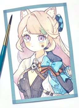 Rule 34 | 1girl, animal ear fluff, animal ears, aqua bow, art tools in frame, blush, bow, brown hair, cat ears, cat girl, closed mouth, commentary request, facial mark, genshin impact, green hair, highres, long hair, looking at viewer, lynette (genshin impact), multicolored hair, nasuke, painting (medium), photo (medium), purple eyes, solo, star (symbol), star facial mark, traditional media, upper body, watercolor (medium)