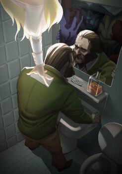 1boy 1girl 5others alcohol bathroom blazer blush bottle brown_hair character_request check_character clenched_hand commentary different_reflection disco_elysium dolores_dei electrochemistry_(disco_elysium) encyclopedia_(disco_elysium) english_commentary facial_hair full_body furrowed_brow green_jacket hair_slicked_back half_light_(disco_elysium) hand_on_another's_back harry_du_bois highres indoors jacket male_focus multiple_others multiple_persona mutton_chops nose_blush nurve26 out_of_frame outstretched_arm reflection saliva sink spread_legs tile_wall tiles toilet volition_(disco_elysium)