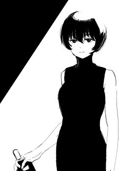 1girl alcohol bottle closed_mouth dress expressionless greyscale highres holding holding_bottle kamiina_botan_yoeru_sugata_wa_yuri_no_hana looking_at_viewer monochrome nazo_no_anime-dan short_hair sleeveless sleeveless_dress solo zhang_jinglan