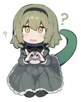 1boy ? bill_(black_souls) black_bow black_bowtie black_hairband black_souls black_souls_2 bow bowtie crossdressing crossdressing_(mtf) devijohn dress green_hair green_tail grey_dress hairband heart heart_hands juliet_sleeves kneeling lizard_tail lizardman long_sleeves medium_hair open_mouth orange_eyes puffy_sleeves reptile_boy simple_background tail trap white_background