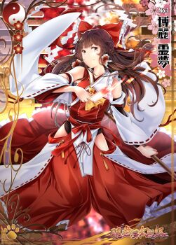 1girl arkatopia ascot bare_shoulders between_fingers boots border bow brown_boots brown_eyes brown_hair character_name cherry_blossoms clothing_cutout collar commentary_request detached_sleeves egasumi fake_trading_card fire frilled_bow frilled_collar frilled_hair_tubes frills gohei hair_bow hair_tubes hakurei_reimu highres hip_vent holding holding_gohei light_smile long_hair ofuda ofuda_between_fingers ornate_border paw_print red_bow red_ribbon red_shirt red_skirt ribbon shirt skirt solo tassel title touhou trading_card white_collar white_sleeves yellow_ascot yin_yang
