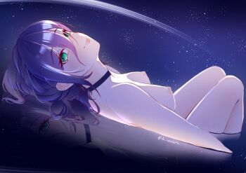 1girl absurdres black_choker breasts chainsaw_man choker commentary commentary_request completely_nude du_cocolatte dutch_angle green_eyes highres light_smile lips looking_at_viewer lying medium_breasts medium_hair mixed-language_commentary nipples nude on_back partially_submerged perky_breasts puffy_nipples purple_hair reze_(chainsaw_man) sidelocks smile solo star_(sky) twitter_username