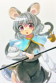 Rule 34 | 1girl, animal ears, basket, black skirt, black vest, blue capelet, capelet, commentary, dowsing rod, grey hair, highres, holding, holding with tail, jewelry, long sleeves, looking at viewer, medium hair, mitsu~, mouse (animal), mouse ears, mouse girl, mouse tail, nazrin, open mouth, pendant, prehensile tail, red eyes, shirt, skirt, solo, tail, touhou, traditional media, vest, white shirt