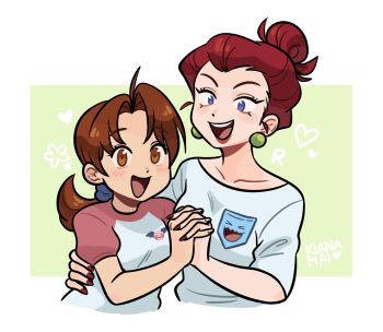 2girls alternate_hair_length alternate_hairstyle alternate_universe blush brown_eyes brown_hair commentary couple delia_ketchum earrings english_commentary hair_bun highres holding_hands interlocked_fingers jessie_(pokemon) jewelry kiana_mai lipstick long_hair low_ponytail makeup mature_female multiple_girls nail_polish nintendo pokemon pokemon_(anime) pokemon_(classic_anime) ponytail purple_eyes raglan_sleeves red_hair shirt short_hair single_hair_bun smile t-shirt updo what yuri