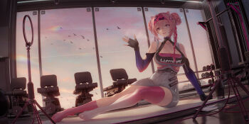 1girl absurdres arknights binggong_asylum bird braid breasts cleavage crop_top detached_sleeves double_bun exercise_machine fingerless_gloves gloves gym hair_bun hairband halterneck highres large_breasts long_hair looking_at_viewer open_mouth pink_hair single_thighhigh sitting skirt smile solo taut_clothes teeth thighhighs twin_braids u-official_(arknights) upper_teeth_only waving weights