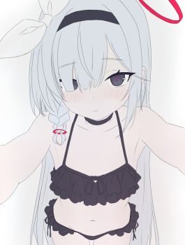 1girl alternate_costume armpits bare_shoulders bikini black_bikini black_eyes black_hairband blue_archive braid collarbone commentary_request cowboy_shot crossed_bangs frilled_bikini frills hair_between_eyes hair_over_one_eye hair_ribbon hairband halo highres kabedon_on_viewer kumasaaaan11 light_blush long_hair navel plana_(blue_archive) red_halo red_pupils ribbon single_braid straight_hair string_bikini swimsuit white_background white_hair white_ribbon