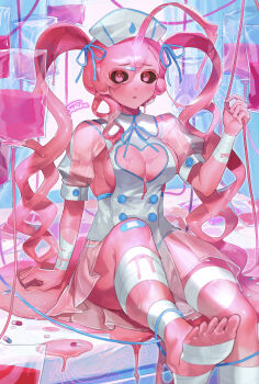 1girl absurdres bandaid bandaid_on_knee bandaid_on_leg barefoot black_sclera breasts cleavage cleavage_cutout clothing_cutout colored_sclera commentary eyes_visible_through_hair hair_over_one_eye highres large_breasts long_hair monster_girl original parted_lips pink_eyes pink_hair sakoku_(oyatsu3ji_) sitting slime_girl symbol-only_commentary