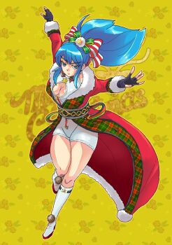 1girl bardothodol bike_shorts blue_eyes blue_hair breasts christmas cleavage_cutout clothing_cutout coat curvy fluffy huge_breasts large_breasts leona_heidern long_hair pale_skin pants ponytail socks star_(symbol) the_king_of_fighters thick_thighs thighs tight_clothes tight_pants