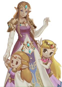 3girls armor blonde_hair brown_hair circlet commentary elbow_gloves gloves highres holding_hands in-franchise_crossover ivy_(sena0119) long_hair looking_at_viewer multiple_girls multiple_persona nintendo pointy_ears princess_zelda shoulder_armor smile symbol-only_commentary the_legend_of_zelda the_legend_of_zelda:_echoes_of_wisdom the_legend_of_zelda:_the_wind_waker the_legend_of_zelda:_twilight_princess tiara toon_zelda white_gloves