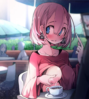 1girl averting_eyes blouse blue_eyes blush bob_cut borrowed_character breast_milk_in_container breasts cellphone clothes_lift coffee collarbone covered_erect_nipples cup day ear_tag flashing hair_between_eyes highres lactating_into_container lactation large_breasts nipples no_bra oppai_challenge original outdoors parted_lips phone pink_hair pink_shirt public_indecency recording saucer shirt shirt_lift sitting smartphone smile solo_focus sweatdrop takagi_(tansuke) takagi_seiniku teacup