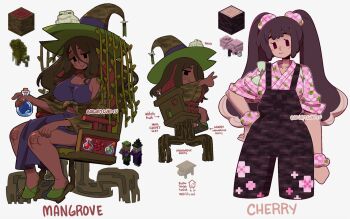 2girls :q :t bakuatsukiyu breasts brown_hair chair cherry_blossom_print cherry_blossoms chibi chibi_inset cleavage cloak colored_inner_hair colored_tongue commentary crop_top english_commentary english_text floral_print frog_(minecraft) green_tongue hair_between_eyes hand_on_own_hip highres holding_potion long_hair long_hair_between_eyes looking_at_viewer mangrove minecraft multicolored_hair multiple_girls no_sclera object_and_personification on_chair personification pink_hair plant plant_roots potion red_hair reference_inset signature sitting smile splash_potion tank_top tongue tongue_out twintails two-tone_hair very_long_hair villager_(minecraft) vines white_background witch witch_(minecraft)