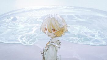 Rule 34 | 1girl, absurdres, beach, blonde hair, byakugun, caustics, collared dress, commentary, day, dress, hair between eyes, highres, horizon, looking at viewer, looking to the side, maid headdress, nurse robot type t, ocean, open mouth, orange eyes, outdoors, short hair, smile, solo, symbol-only commentary, upper body, utau, water, waves, white dress