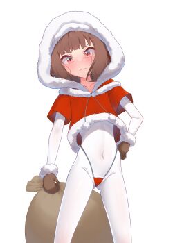 1girl absurdres bikini blush brown_gloves brown_hair collarbone commentary cowboy_shot english_commentary gloves gluteal_fold highres holding holding_sack hood hood_up iino_miko kaguya-sama_wa_kokurasetai_~tensai-tachi_no_renai_zunousen~ long_hair moriforests navel red_bikini sack short_sleeves simple_background solo swimsuit twintails white_background