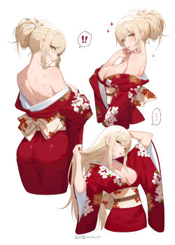 ! ... 1girl ass bare_shoulders blonde_hair breasts cleavage closed_mouth commentary cropped_legs earrings english_commentary floral_print floral_print_kimono from_behind furisode hair_bun highres holding holding_own_hair inhoso instagram_logo japanese_clothes jewelry kimono kiss-shot_acerola-orion_heart-under-blade kizumonogatari large_breasts long_hair looking_at_viewer looking_back monogatari_(series) multiple_views obi obijime off_shoulder oshino_shinobu parted_lips patreon_logo pointy_ears print_kimono red_kimono sash simple_background single_hair_bun smile spoken_ellipsis spoken_exclamation_mark stud_earrings twitter_logo very_long_hair white_background white_sash wide_sleeves yellow_eyes yellow_sash
