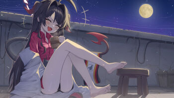 1girl absurdres barefoot black_hair black_horns black_shorts black_tail blue_archive closed_eyes coat coat_partially_removed collared_shirt commentary_request cup demon_horns fang feet full_body hair_intakes halo highres holding holding_cup horns kasumi_(blue_archive) knees_up lab_coat legs long_hair long_sleeves moon night night_sky off_shoulder open_mouth outdoors red_halo red_shirt shirt shj1998z short_shorts shorts sitting skin_fang sky sleeves_past_fingers sleeves_past_wrists soles solo thighs toes white_coat