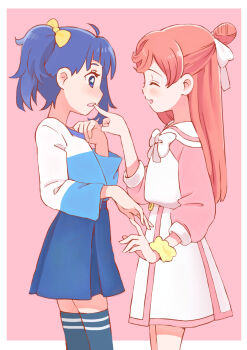 Rule 34 | 2girls, blue eyes, blue hair, blue shirt, blue skirt, blue thighhighs, bow, bowtie, casual, closed eyes, collared dress, commentary, cowboy shot, cut bangs, dress, facing another, finger to another's mouth, frown, hair bow, hair bun, hair ribbon, highres, hirogaru sky! precure, kyanos (b 0000ff), long hair, long sleeves, looking to the side, medium hair, miniskirt, multiple girls, nijigaoka mashiro, open mouth, pink background, pink dress, pink hair, precure, ribbon, scrunchie, shirt, short dress, side ponytail, single hair bun, single sidelock, skirt, smile, sora harewataru, standing, t-shirt, thighhighs, two-tone dress, white bow, white bowtie, white dress, white ribbon, white shirt, wrist scrunchie, yellow bow, yellow scrunchie