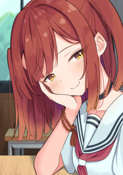 1girl absurdres black_choker blush bracelet choker classroom closed_mouth commentary_request desk dot_nose elbow_rest hand_rest highres indoors jewelry looking_at_viewer looking_to_the_side medium_hair miyatanpo615 neckerchief parted_bangs red_hair red_neckerchief sailor_collar sailor_shirt school_desk shirt short_sleeves smile solo turning_head upper_body watashi_wo_tabetai_hitodenashi white_sailor_collar white_shirt yashiro_miko yellow_eyes