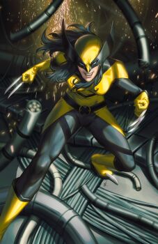 1girl black_bodysuit black_hair bodysuit boots claws ejikure highres laura_kinney long_hair looking_at_viewer marvel multicolored_bodysuit solo sparks superhero_costume two-tone_bodysuit wolverine_(x-men) x-23 x-men yellow_bodysuit yellow_boots