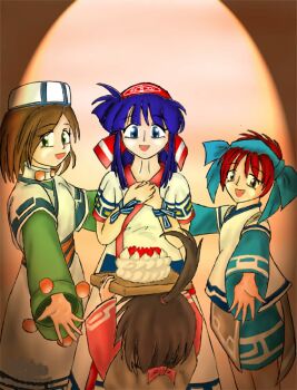 Rule 34 | 4girls, ainu clothes, alternate costume, arms up, birthday cake, blue eyes, breasts, brown eyes, brown hair, cake, food, fruit, hair ribbon, legs, long hair, manari, mikato, multiple girls, nakoruru, nakoruru ano hito kara no okurimono, open mouth, outstretched arm, own hands together, purple hair, ribbon, rimururu, samurai spirits, shorts, siblings, sisters, small breasts, smile, snk, strawberry, thighs, tongue