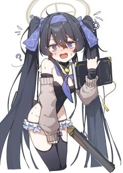 1girl alternate_costume black_hair blue_archive book cowboy_shot harumita221 leotard long_hair looking_at_viewer purple_eyes shimiko_(blue_archive) shimiko_(blue_archive)_(cosplay) shimiko_(magical)_(blue_archive) simple_background solo thigh_gap twitter ui_(blue_archive) very_long_hair white_background