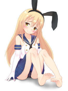 alternate_eye_color anchor_hair_ornament barefoot black_hairband black_necktie black_panties blonde_hair blue_skirt blush crop_top feet gloves hair_ornament hairband highleg highleg_panties kantai_collection long_hair microskirt miniskirt nanakusa_fumi necktie panties pleated_skirt sailor_collar school_uniform shimakaze_(kancolle) sitting skirt smile solo thighhighs toes underwear white_gloves