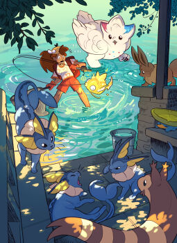 absurdres alternate_color brown_hair bucket dappled_sunlight day eevee fishing_rod furret gen_1_pokemon gen_2_pokemon gen_3_pokemon gen_4_pokemon hat highres long_hair lotad magikarp nintendo orange_shorts ornitoplatypus pokemon pokemon_(creature) psyduck ripples shiny_pokemon shorts sunlight togekiss vaporeon wading water yawning