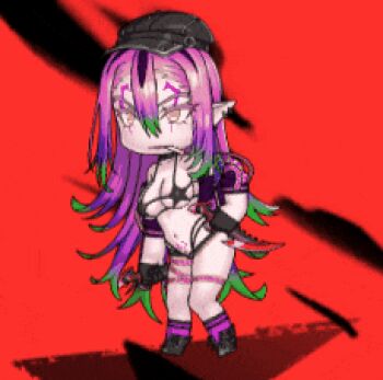 1girl absurdly_long_hair animated animated_gif baruburubaru bikini bikini_under_clothes black_gloves bouncing_breasts breasts chibi choker cigarette cleavage curvy demon_girl denim denim_shorts facial_tattoo full_body gloves hand_on_own_hip hat holding holding_weapon jacket large_breasts lilith-soft long_hair long_tongue micro_shorts open_clothes open_jacket open_mouth pale_skin pink_hair pointy_ears pubic_tattoo red_background revealing_clothes sharp_teeth shiny_skin shorts smile smoking spiked_choker spikes swimsuit taimanin_(series) taimanin_rpgx tattoo teeth thong tongue tongue_out very_long_hair weapon white_background wide_hips yellow_eyes