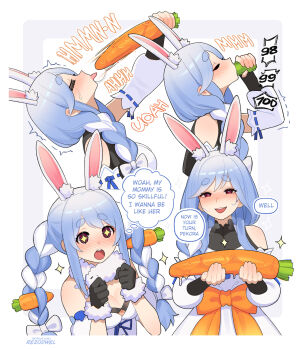 +_+ 2girls :o =_= animal_ear_fluff animal_ears black_gloves blue_hair blush border bow braid braided_ponytail breasts carrot carrot_hair_ornament clenched_hands closed_eyes commentary deepthroat don-chan_(usada_pekora) dress english_commentary english_text fellatio food-themed_hair_ornament gloves hair_bow hair_ornament hair_over_shoulder hands_up heart heart-shaped_pupils highres holding holding_carrot hololive large_breasts long_hair looking_at_viewer medium_breasts mother_and_child mother_and_daughter multicolored_hair multiple_girls open_mouth oral outside_border parent_and_child patreon_username pekomama pekomama_(1st_costume) phallic_symbol rabbit_ears rabbit_girl red_eyes rezodwel saliva saliva_trail sexually_suggestive short_eyebrows simulated_fellatio smile speech_bubble symbol-shaped_pupils thick_eyebrows thought_bubble tongue tongue_out twin_braids two-tone_hair usada_pekora usada_pekora_(1st_costume) virtual_youtuber white_border white_bow white_dress white_hair