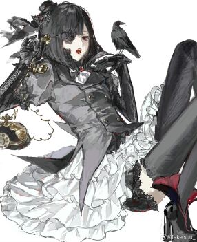 1girl absurdres animal animal_on_hand antique_phone bird bird_on_hand black_gloves black_hair black_thighhighs buttons crow dress eyebrow_piercing eyepatch face_piercing fangs frills gloves goth_fashion gothic_lolita hat high_heels highres konosekaino920 laces layered_sleeves lolita_fashion long_sleeves lying mini_hat on_back open_mouth original phone piercing puffy_sleeves red_eyes rotary_phone short_over_long_sleeves short_sleeves simple_background skirt solo thighhighs top_hat watermark weibo_watermark white_background