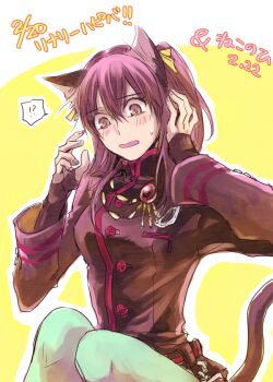 Rule 34 | !?, 1girl, animal ears, badge, belt, black order uniform, blue thighhighs, blush, breast pocket, brown belt, brown gloves, brown jacket, buttons, cat ears, cat tail, chain, commentary request, d.gray-man, facing viewer, fingerless gloves, gloves, gold chain, hair between eyes, hair over shoulder, hair ribbon, hand in own hair, hand on own head, hand up, horizontal-striped belt, jacket, lenalee lee, long hair, long sleeves, looking down, military, military uniform, n ptm, parted lips, pink eyes, pink hair, pocket, ribbon, sidelocks, sitting, solo, striped belt, striped clothes, striped jacket, sweat, sweatdrop, tail, thighhighs, turtleneck, turtleneck jacket, two-tone background, two side up, upper body, vertical-striped clothes, vertical-striped jacket, white background, wide sleeves, yellow background, yellow ribbon, zipper
