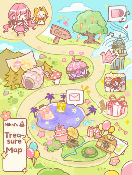 1girl ^_^ ahoge animal arrow_(symbol) artist_request balloon bebe_(infinity_nikki) black_bow black_ribbon blue_sky blunt_bangs blush_stickers bottle bow bow_choker bowtie brown_eyes cake cat chibi choker cloak closed_eyes clothed_animal cloud commentary conch dada_(infinity_nikki) day diamond_(gemstone) ear_covers english_commentary english_text envelope food frilled_shirt frilled_skirt frills gem gift hair_bow hair_ribbon highres hood hood_up hooded_cloak infinity_nikki lantern layered_skirt long_hair long_sidelocks looking_ahead low_twintails medium_skirt momo_(nikki) mountain mushroom musical_staff nikki_(nikki) nikki_(series) nonoy_(infinity_nikki) off-shoulder_shirt off_shoulder official_art open_mouth origami outdoors palm_tree paper_crane paper_lantern party_popper path paw_print perfect_start_(infinity_nikki) phonograph photo_(object) pink_bow pink_bowtie pink_choker pink_gemstone pink_hair pink_shoes pink_skirt red_bow red_bowtie ribbon road second-party_source shirt shoes sidelocks signpost silhouette skirt sky smile solid_oval_eyes sparkle speech_bubble spoken_character star_(symbol) tower traditional_bowtie treasure_chest tree tress_ribbon twintails very_long_hair wavy_hair white_cat white_shirt white_skirt yellow_cloak