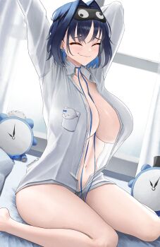 1girl absurdres analog_clock animal animal_in_clothes arm_behind_head arm_up black_hair blue_ribbon boros_(ouro_kronii) bow bow_earrings breasts clock closed_eyes closed_mouth earrings hair_intakes highres hololive hololive_english huge_breasts jewelry kronie_(ouro_kronii) kuraodo_0 mask mask_on_head navel no_pants open_clothes open_shirt ouro_kronii ribbon shirt sitting sleep_mask stretching twitter_username virtual_youtuber wariza white_shirt