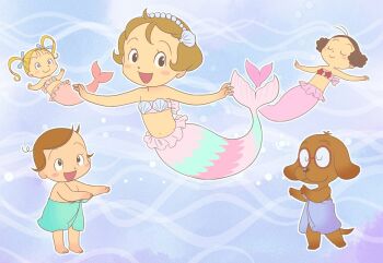 2boys 3girls :3 animal animated animated_gif antenna_hair barefoot bikini black_eyes blonde_hair blue_eyes blue_ribbon blush blush_stickers brown_fur brown_hair character_request clam_shell closed_eyes curly_hair dancing dog floating glasses hair_ornament hair_ribbon hairband hula long_hair looking_at_another looking_at_viewer mermaid monster_girl multiple_boys multiple_girls naked_towel navel open_mouth pink_bikini ribbon seashell shell shell_bikini shell_hair_ornament short_hair smile standing susie-chan_to_marvy swimming swimsuit topless_male towel towel_around_waist twintails water yamanokonza