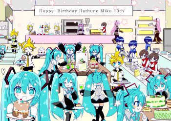 >_< 6+boys 6+girls :q absurdres aqua_eyes aqua_hair aqua_necktie arm_warmers armband arms_up bag baking bare_shoulders black_collar black_legwear black_shorts black_skirt black_sleeves blonde_hair blue_eyes blue_hair blue_scarf boots bow brown_eyes brown_hair cake chibi clone closed_eyes coat collar colored_skin cooking cracking_egg crop_top crown cup detached_sleeves egg english_text engrish_text food grey_shirt grey_sleeves hair_bow hair_ornament hairclip happy_birthday harumiya_(12pxplove) hatsune_miku highres holding holding_phone holding_spatula holding_tray kagamine_len kagamine_rin kaito_(vocaloid) kaito_(vocaloid3) knee_boots long_hair long_skirt looking_at_viewer machine megurine_luka meiko_(vocaloid) meiko_(vocaloid3) miniskirt mixing mixing_bowl mixing_console multiple_boys multiple_girls musical_note neckerchief necktie outstretched_arms phone pink_hair plate ponytail ranguage red_shirt sailor_collar scarf school_uniform shelf shirt short_hair short_ponytail short_sleeves shorts skirt sleeveless sleeveless_shirt smile spatula spiked_hair spring_onion stairs star_(symbol) swept_bangs table taking_picture tears thighhighs tongue tongue_out tray twintails very_long_hair vocaloid white_bow white_coat white_shirt white_skin yellow_neckerchief zettai_ryouiki