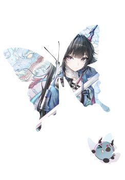 Rule 34 | 1girl, absurdres, arknights, arknights: endfield, black hair, bug, butterfly, chen qianyu (arknights), closed mouth, commentary request, double exposure, dragon, dragon bean (arknights), dragon girl, dragon horns, eastern dragon, eastern dragon horns, erduoshan yorshka, grey eyes, highres, horns, insect, long hair, looking at viewer, pink pupils, solo