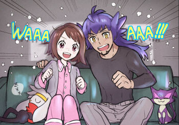 1boy 1girl alternate_costume bob_cut bright_pupils brown_eyes brown_hair buttons cardigan collared_shirt commentary_request couch dark-skinned_male dark_skin facial_hair gen_5_pokemon gen_8_pokemon gloria_(pokemon) grey_cardigan grey_pants harai_(haraiqq) indoors leon_(pokemon) long_hair looking_at_viewer nintendo open_cardigan open_clothes pants pink_pants pink_shirt pokemon pokemon_(creature) pokemon_swsh purple_hair purrloin raboot shirt short_hair sitting star_(symbol) white_pupils yellow_eyes