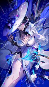 1girl absurdres black_hair breasts cleavage commentary_request constance_(honkai:_star_rail) demon_girl demon_tail dress fingerless_gloves flower gloves glowing glowing_eyes hat hat_flower highres honkai:_star_rail honkai_(series) large_breasts long_hair looking_at_viewer mole mole_under_eye open_mouth red_eyes sakuramochi1003 solo tail very_long_hair white_dress white_hat