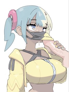 1boy 1girl blonde_hair blue_eyes blue_hair breasts canari_(pokemon) crop_top cropped_jacket cum cum_on_body dark-skinned_female dark_skin facial fellatio fellatio_under_mask fruithead hetero highres jacket large_breasts mask mouth_mask nintendo oral pale_color penis_grab pokemon pokemon_legends:_z-a shirt simple_background twintails uncensored white_background yellow_jacket yellow_shirt