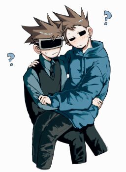 2boys ? black_necktie black_pants black_vest blue_hoodie blue_shirt blush brown_hair commentary_request confused cropped_legs dual_persona eddsworld future_tom_(eddsworld) goggles head-mounted_display highres hollow_eyes hood hood_down hoodie looking_at_viewer male_focus multiple_boys necktie pants pznogrosqe22114 shirt short_hair simple_background sitting sitting_on_lap sitting_on_person spiked_hair sweat time_paradox tom_(eddsworld) vest white_background